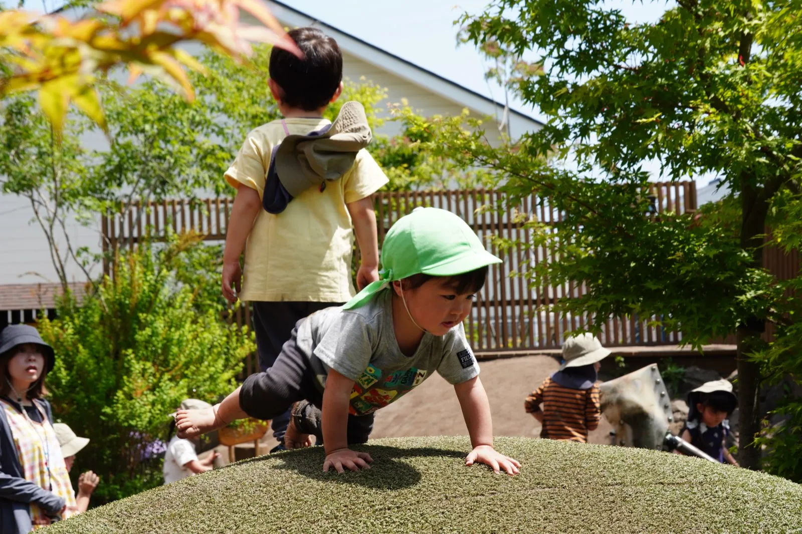 園庭の築山をのぼる子どもたち